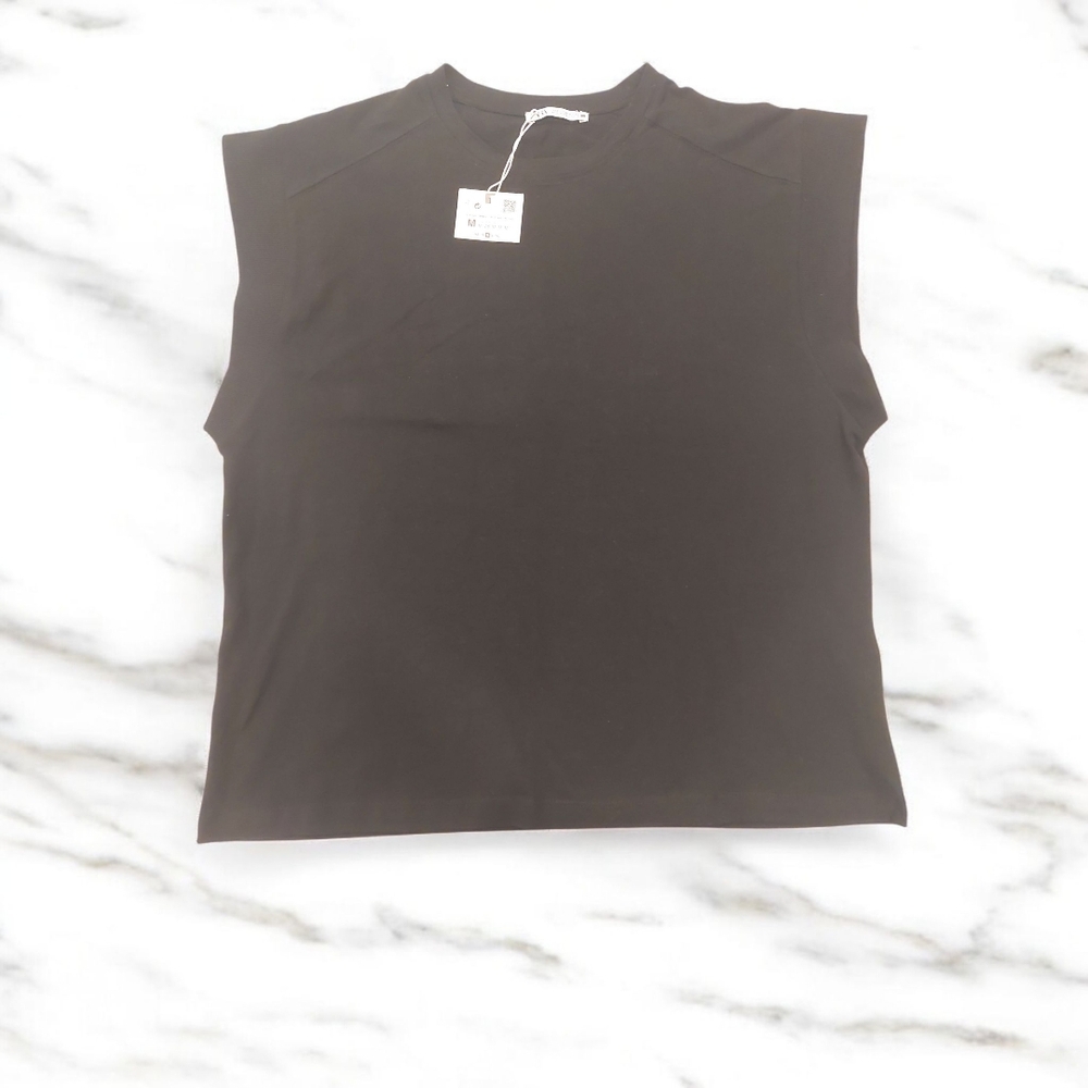 Zara Black Boxy Cap Sleeve Muscle Tee - Picture 4 of 7
